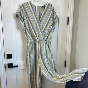 Beige by eci Striped V-Neck Jumpsuit in Yellow, Gray & White